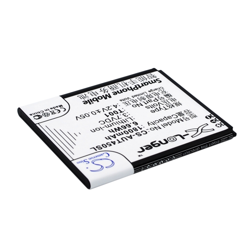 Reverse angled view of prismatic phone battery with caution text