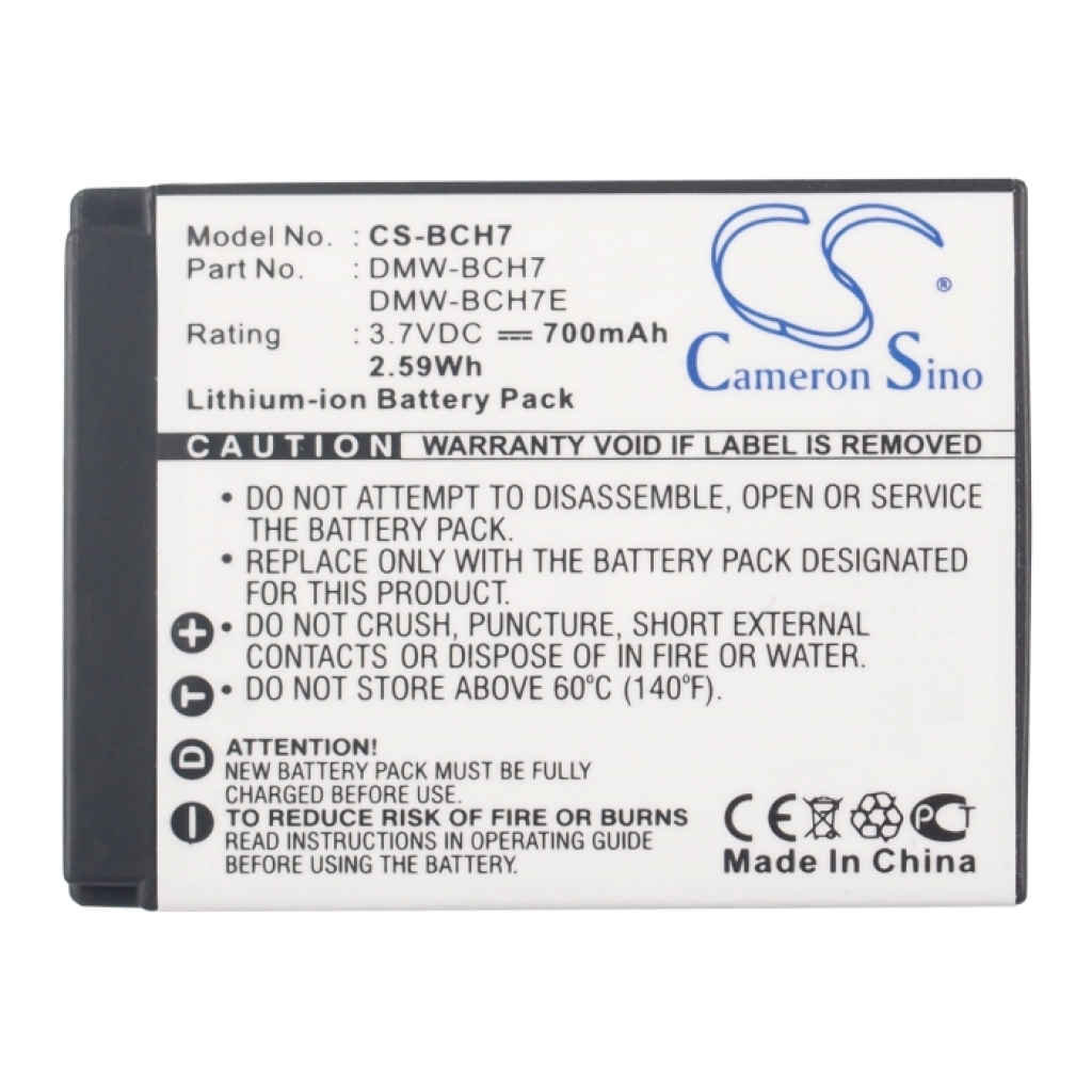 Front label CS-BCH7 showing DMW-BCH7, 3.7V 700mAh 2.59Wh, Cameron Sino