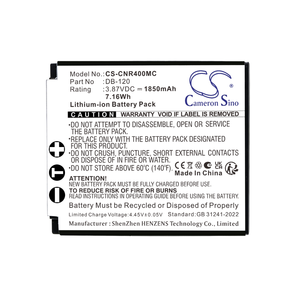 Marketing image with Ricoh GR camera and CS-CNR400MC battery, 'High Quality Battery Your Best Choice'