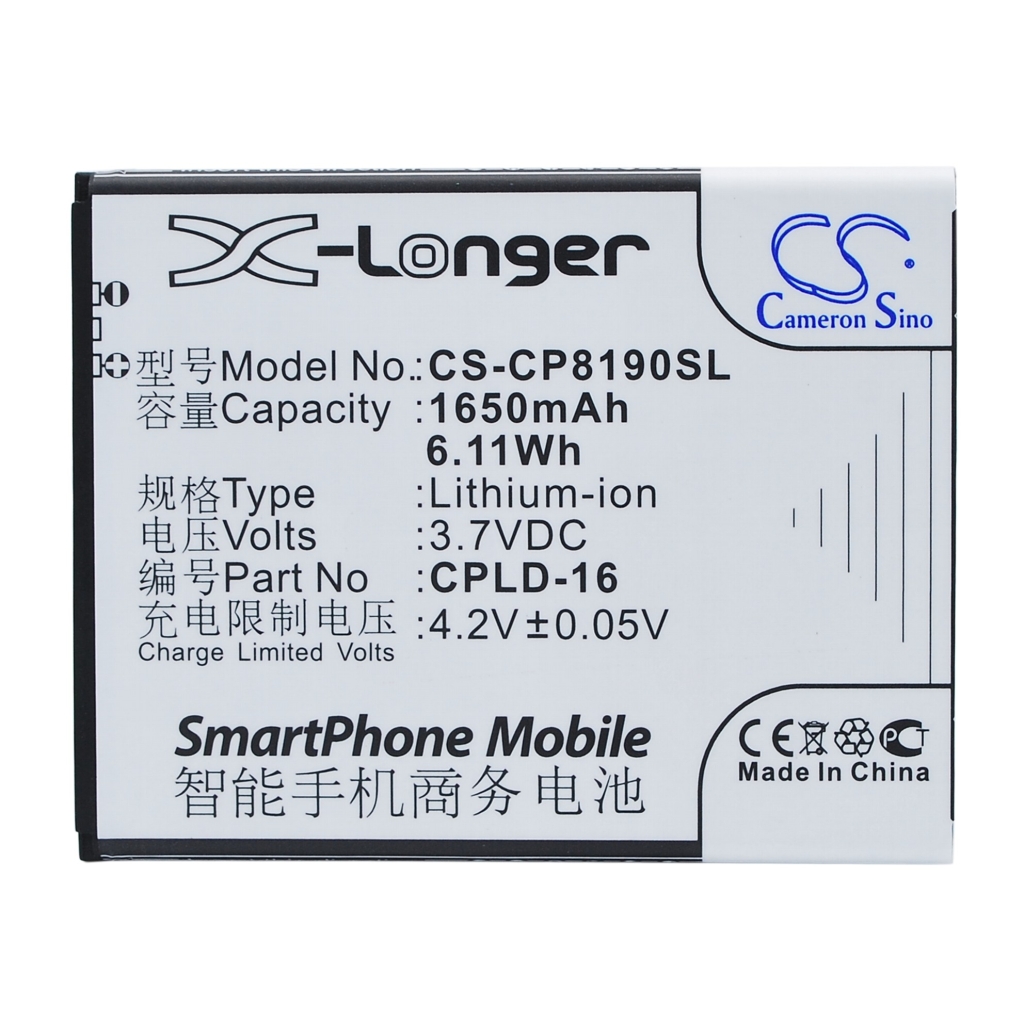 Face-on label view of CS-CP8190SL – X-Longer, 1650mAh, 6.11Wh, CPLD-16, 3.7V