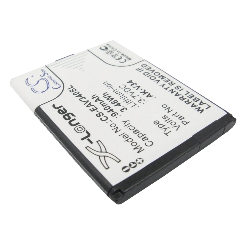 CS-EAV340SL battery angled rear view, rotated label, polarity markers visible