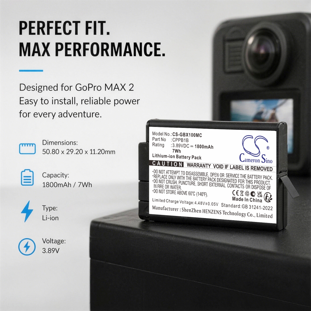 Battery compatible with GoPro CS-GBX100MC