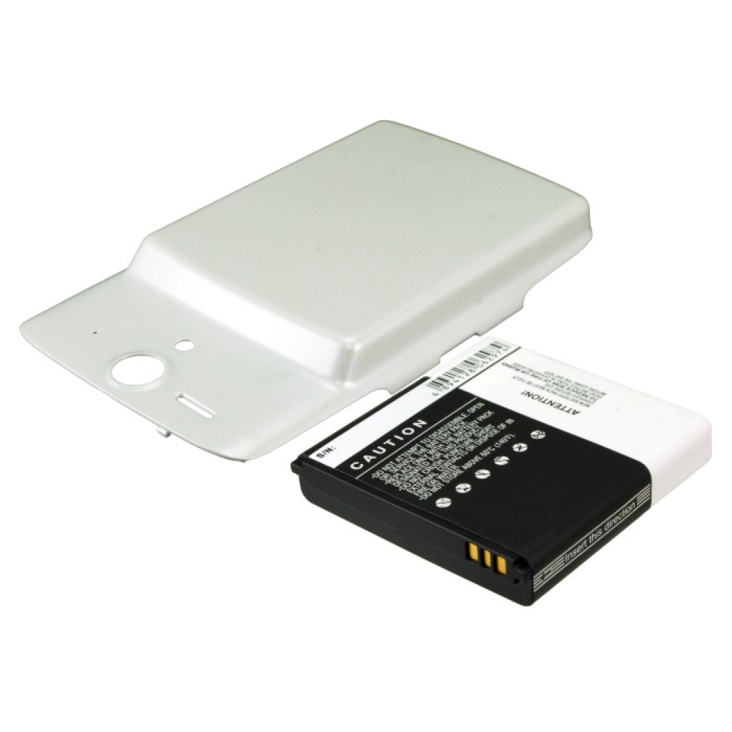 White back cover and CS-HU8815WL battery, angled view with caution and contacts