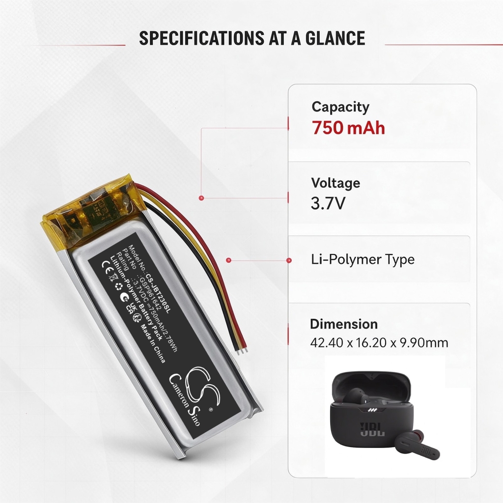 Batterijen compatibel met JBL Tune 230NC Charging Case Beam 230NC Charging Case Beam Earbuds charging Case CS-JBT230SL