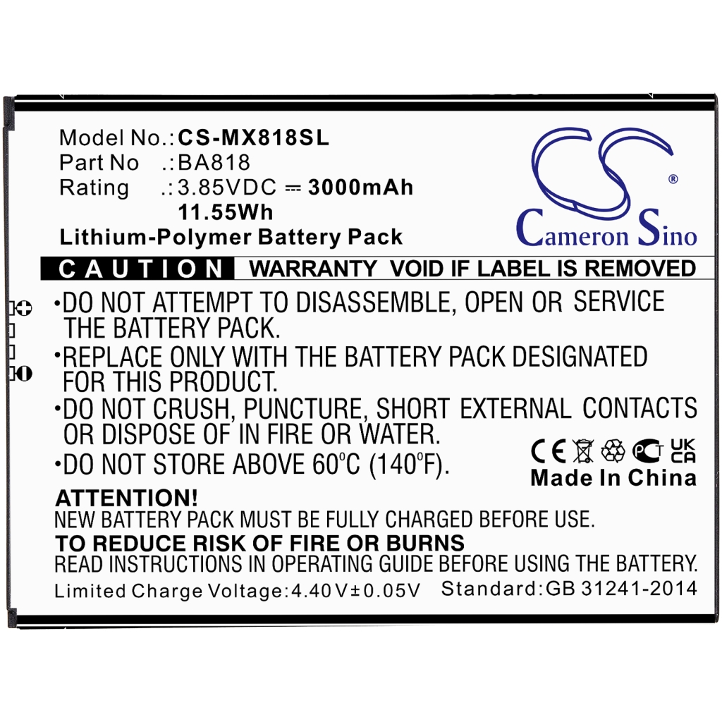 Compatibele batterijvervanging voor MeiZu BA818