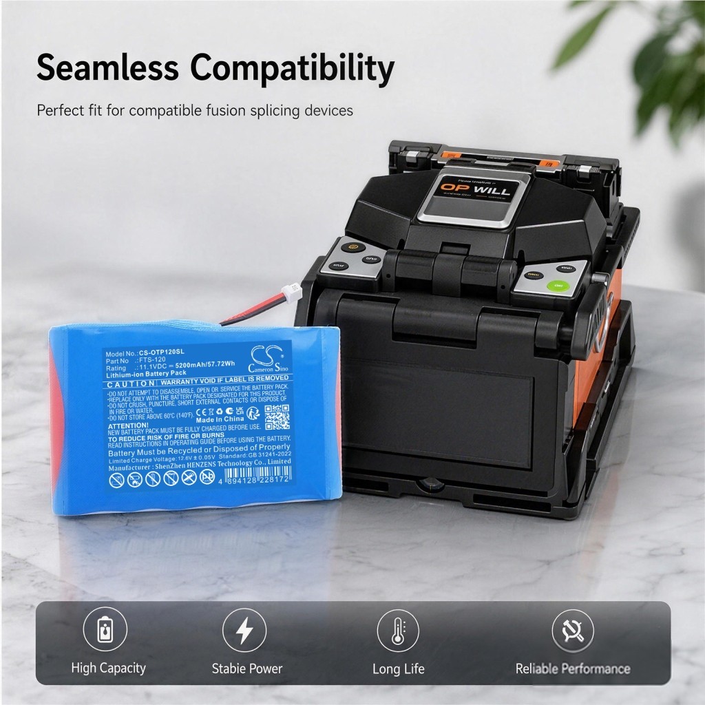 Cameron Sino CS-OTP120SL battery on table beside OPWILL fusion splicer
