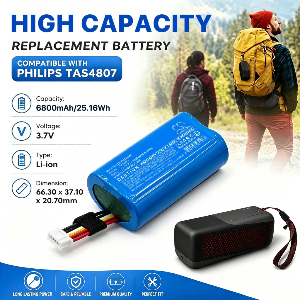 Batterijen compatibel met Philips S4807 Waterproof Wireless Bluetooth Speaker CS-PHS480XL