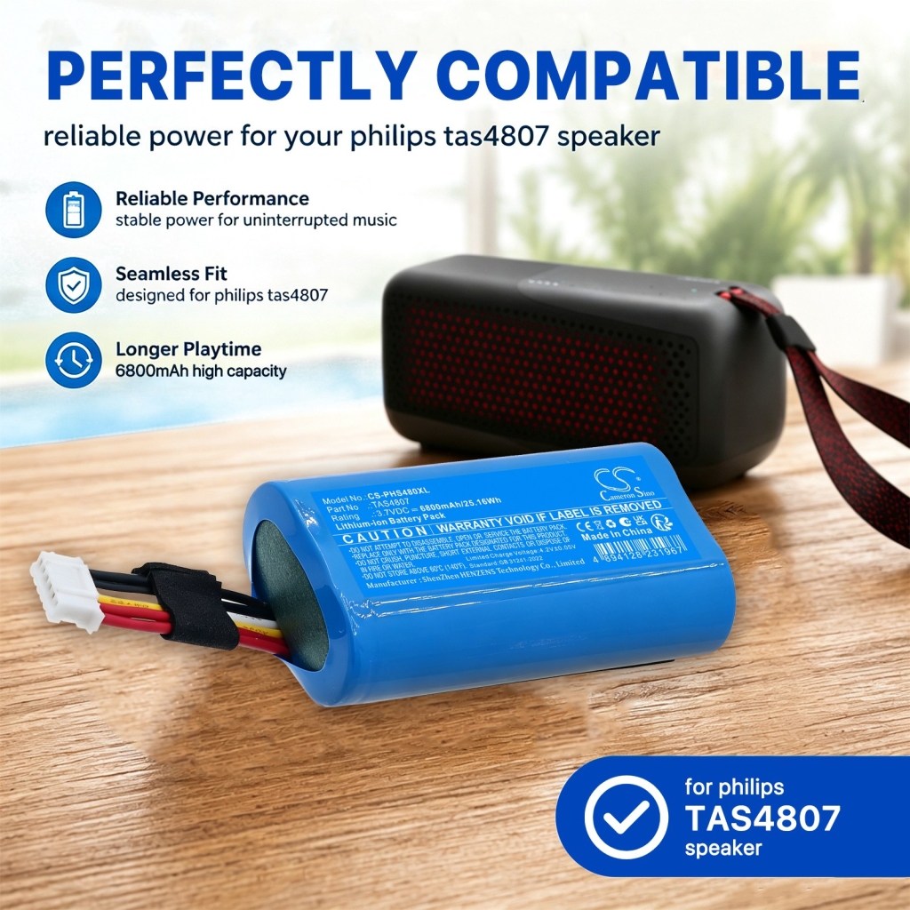 Batterijen compatibel met Philips S4807 Waterproof Wireless Bluetooth Speaker CS-PHS480XL