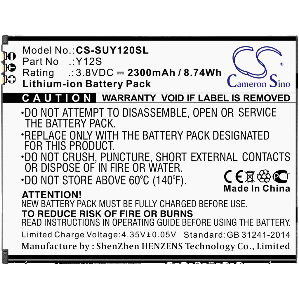 Compatible battery replacement for Sugar Y12S