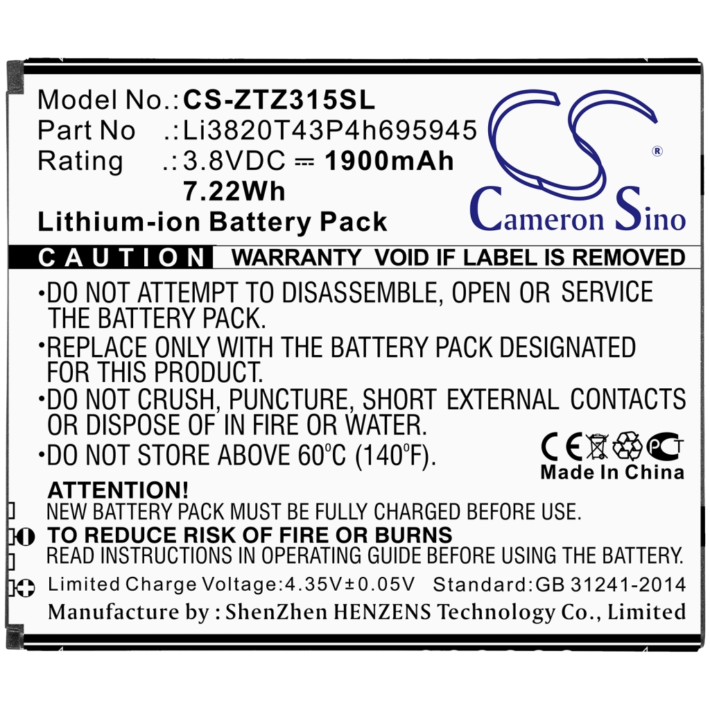Compatibele batterijvervanging voor ZTE LI3820T43P4H695945
